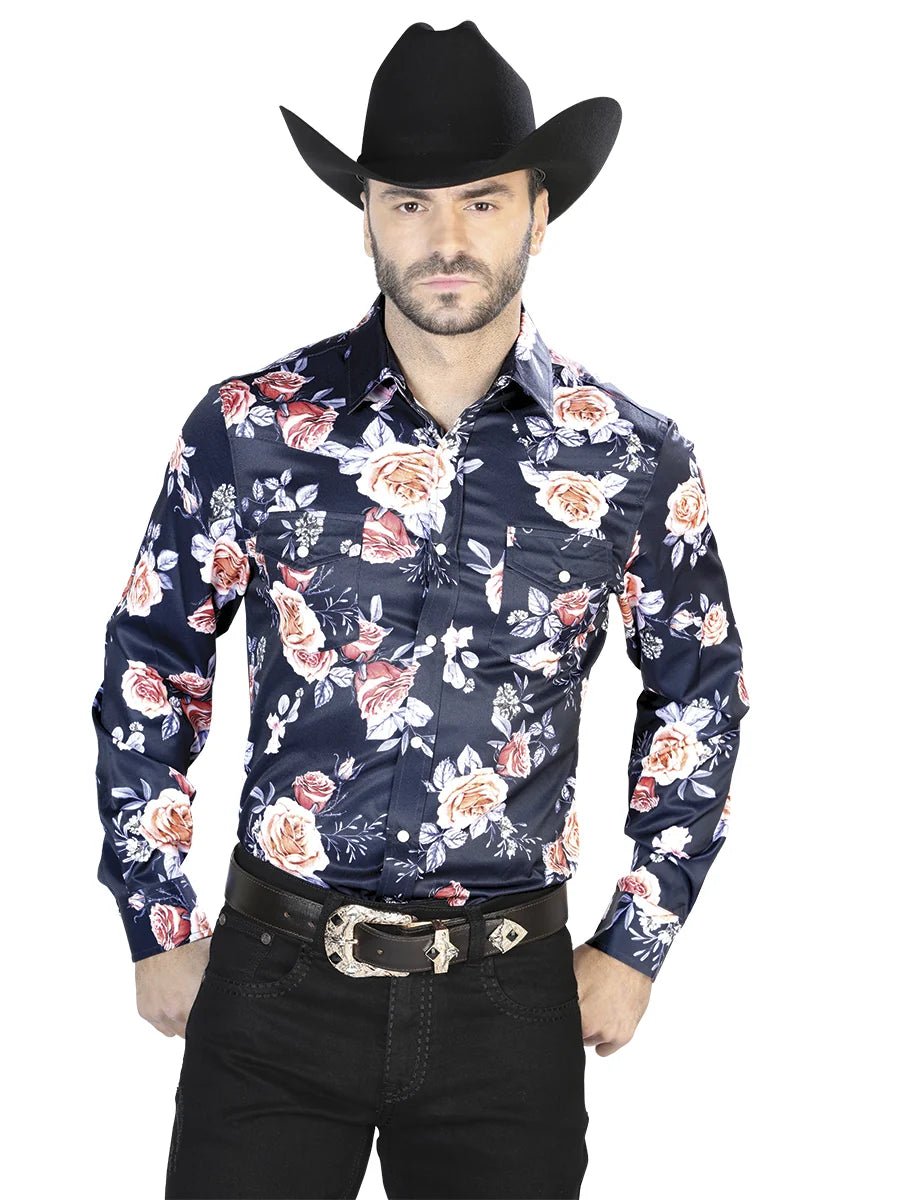 Navy/Roses Casual Long Sleeve Shirt 44089 - OriginalWestern.com