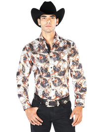 Off White And Gold Casual Long Sleeve Shirt 43566 - OriginalWestern.com