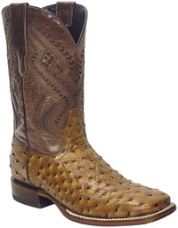 Silverton Ostrich Print Leather Wide Square‑Toe Cowboy Boots – Honey