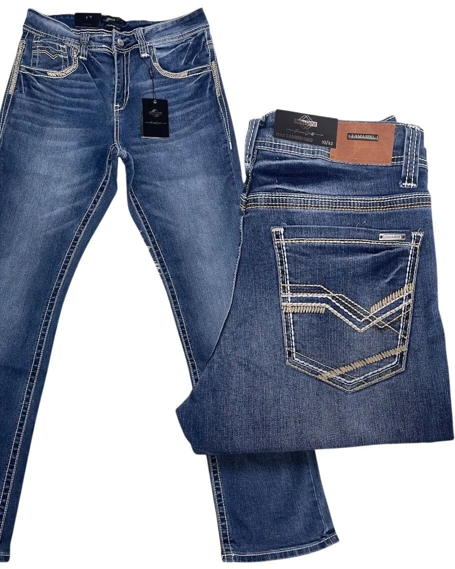 Men's Boot Cut Western Jeans – Stretch Denim Cowboy Pants - Medium Blue 9051