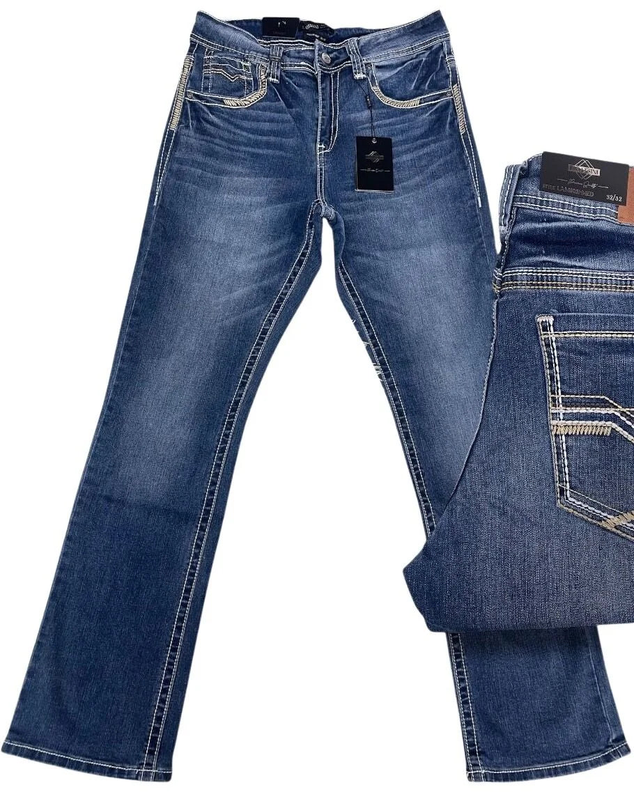 Men's Boot Cut Western Jeans – Stretch Denim Cowboy Pants - Medium Blue 9051