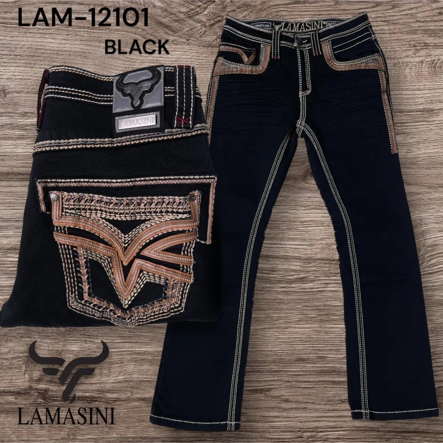 Men's Boot Cut Western Jeans – Stretch Denim Cowboy Pants - Black LAM-12101