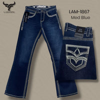Men's Boot Cut Western Jeans – Stretch Denim Cowboy Pants - Medium Blue LAM-1867