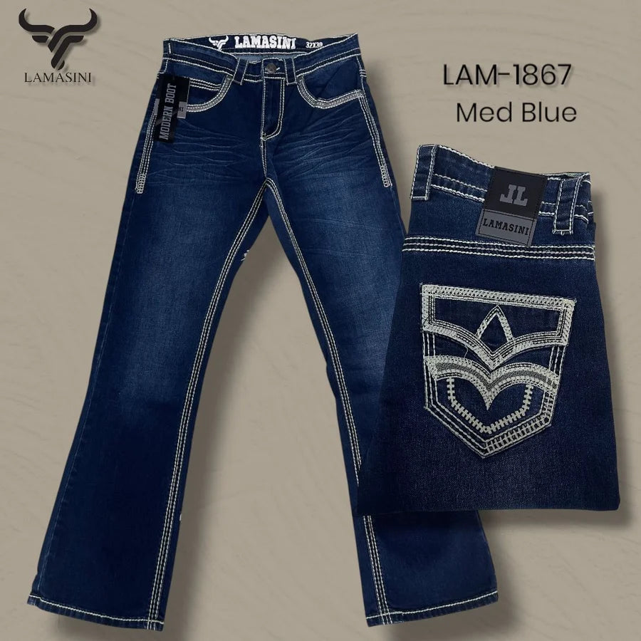 Men's Boot Cut Western Jeans – Stretch Denim Cowboy Pants - Medium Blue LAM-1867