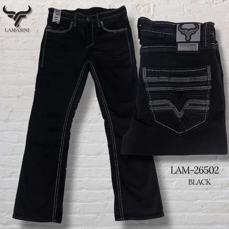 Men's Boot Cut Western Jeans – Stretch Denim Cowboy Pants - Black LAM-26502