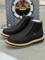Patron Men’s Ankle Work Boots, Leather with Stitched Vamp and Wedge Sole, Round Toe - Dark Brown - OriginalWestern.com