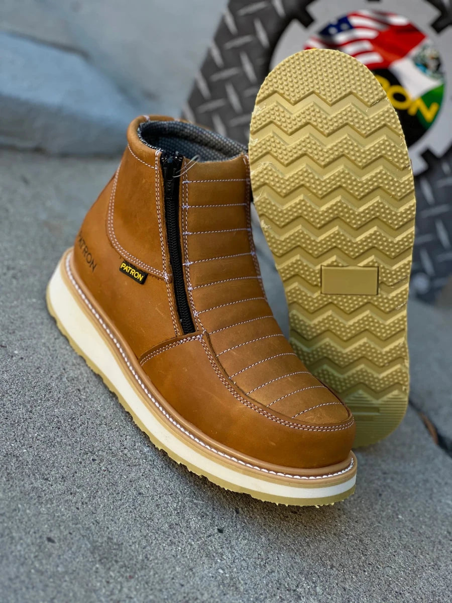 Patron Men’s Ankle Work Boots, Leather with Stitched Vamp and Wedge Sole, Round Toe - Havana Tan - OriginalWestern.com