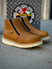 Patron Men’s Ankle Work Boots, Leather with Stitched Vamp and Wedge Sole, Round Toe - Havana Tan - OriginalWestern.com