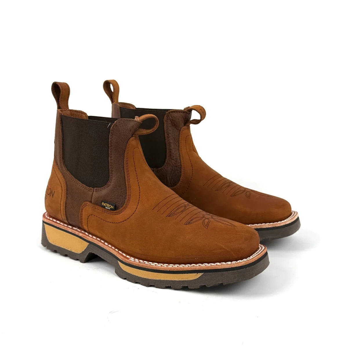 Patron Men’s Chelsea Work Boots, Crazy Horse Leather with Western Toe Stitching, Square Toe - Tan - OriginalWestern.com