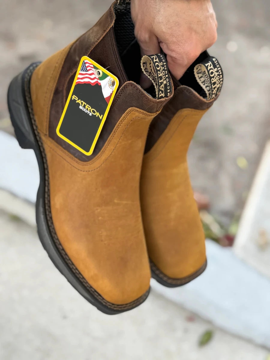 Patron Men’s Chelsea Work Boots, Nubuck with Lug Sole, Round Toe - Brown - OriginalWestern.com