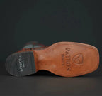 Patron Men’s Cowboy Boots, Crocodile Hornback Print Leather with Ribbed Shaft, Square Toe - Cognac/Teal - OriginalWestern.com