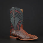 Patron Men’s Cowboy Boots, Crocodile Hornback Print Leather with Ribbed Shaft, Square Toe - Cognac/Teal - OriginalWestern.com