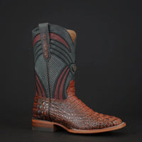 Patron Men’s Cowboy Boots, Crocodile Hornback Print Leather with Ribbed Shaft, Square Toe - Cognac/Teal - OriginalWestern.com