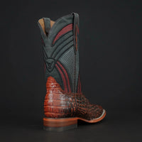Patron Men’s Cowboy Boots, Crocodile Hornback Print Leather with Ribbed Shaft, Square Toe - Cognac/Teal - OriginalWestern.com