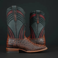 Patron Men’s Cowboy Boots, Crocodile Hornback Print Leather with Ribbed Shaft, Square Toe - Cognac/Teal - OriginalWestern.com