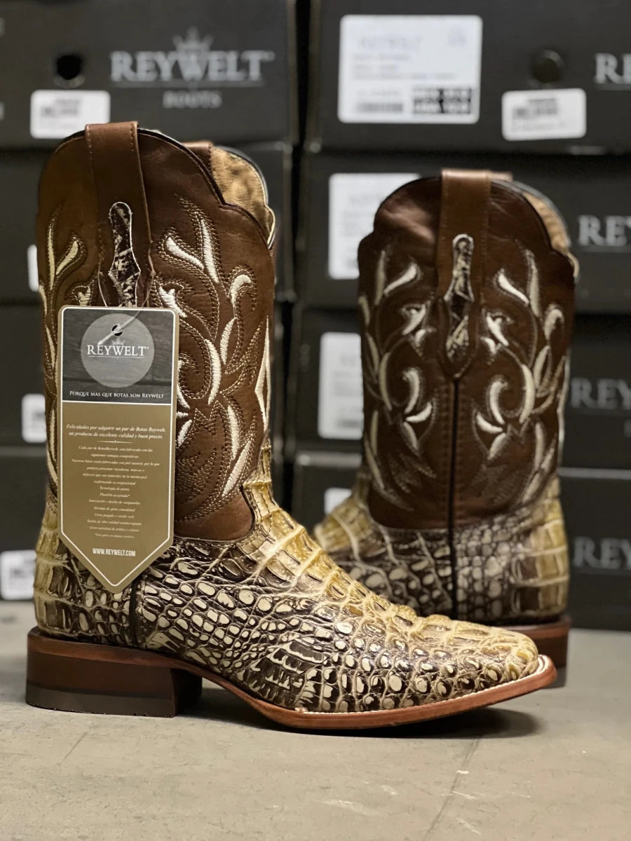 Patron Men’s Cowboy Boots, Crocodile Print Leather with Embroidered Shaft, Square Toe - Desert Brown - OriginalWestern.com