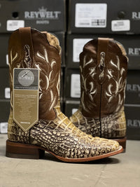Patron Men’s Cowboy Boots, Crocodile Print Leather with Embroidered Shaft, Square Toe - Desert Brown - OriginalWestern.com