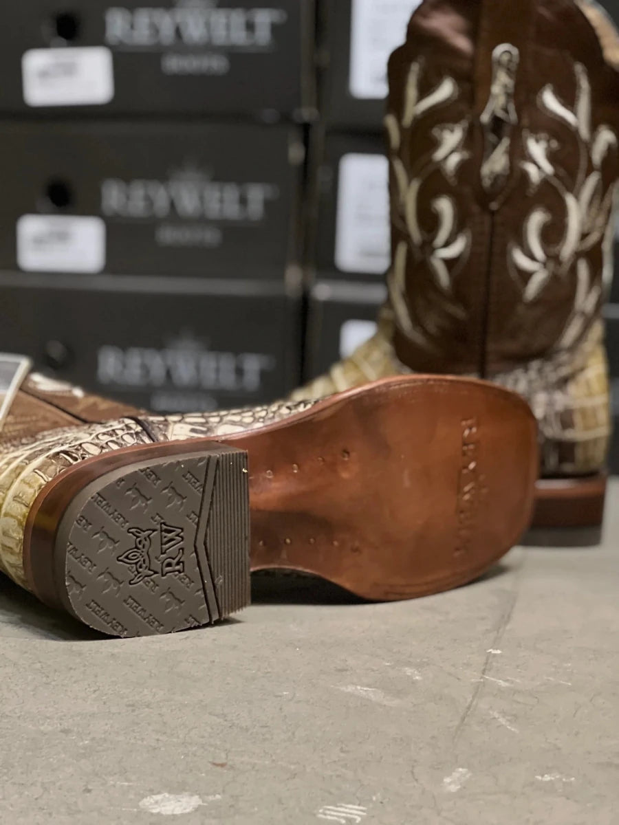 Patron Men’s Cowboy Boots, Crocodile Print Leather with Embroidered Shaft, Square Toe - Desert Brown - OriginalWestern.com