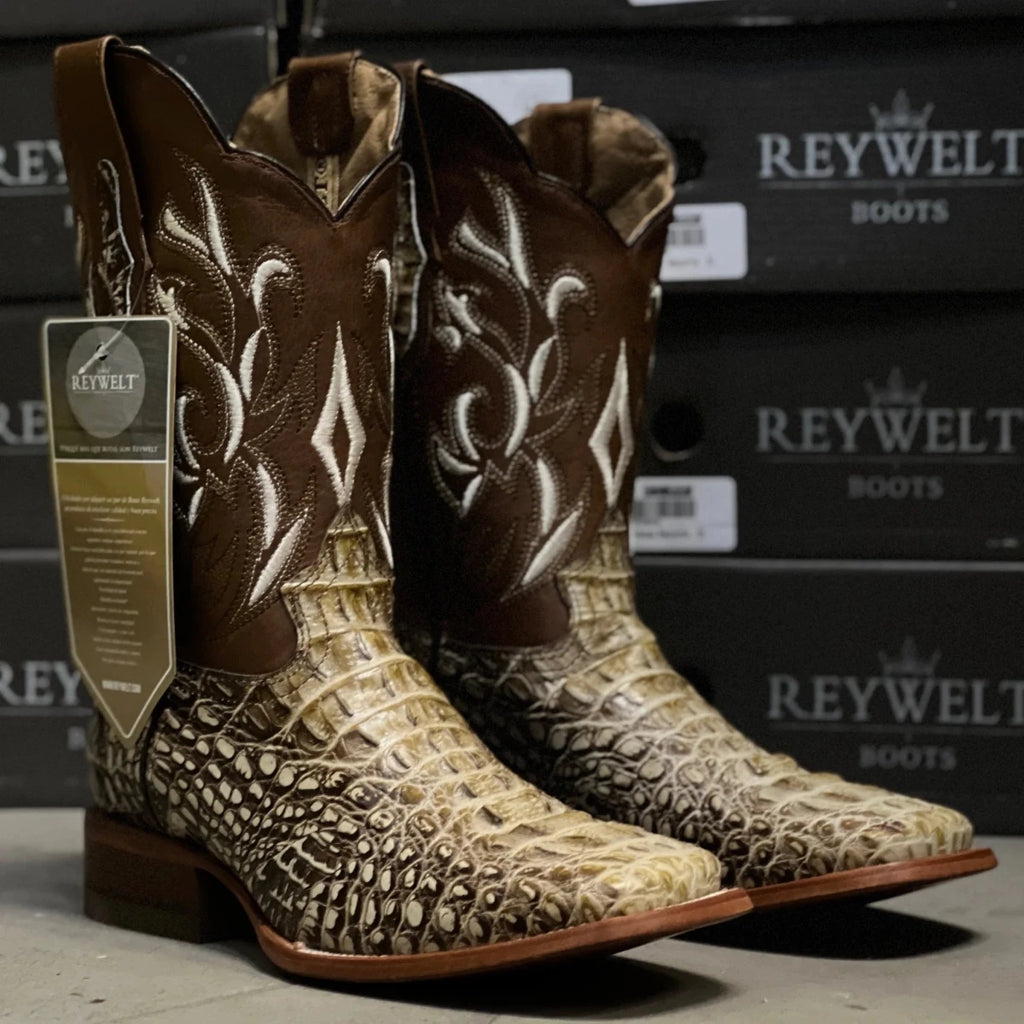 Patron Men’s Cowboy Boots, Crocodile Print Leather with Embroidered Shaft, Square Toe - Desert Brown - OriginalWestern.com