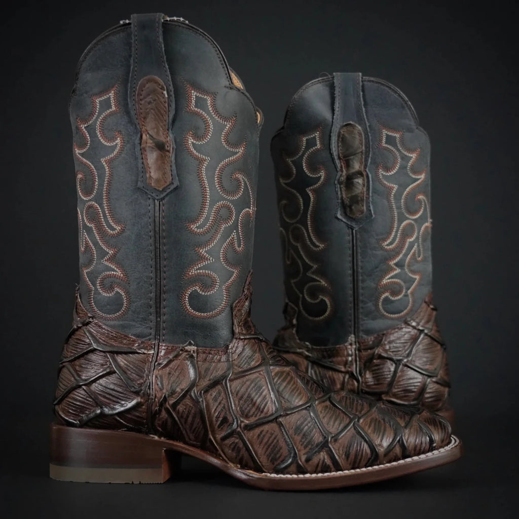 Patron Men’s Cowboy Boots, Fish Scale Print Leather with Stitched Shaft, Square Toe - Brown/Blue - OriginalWestern.com