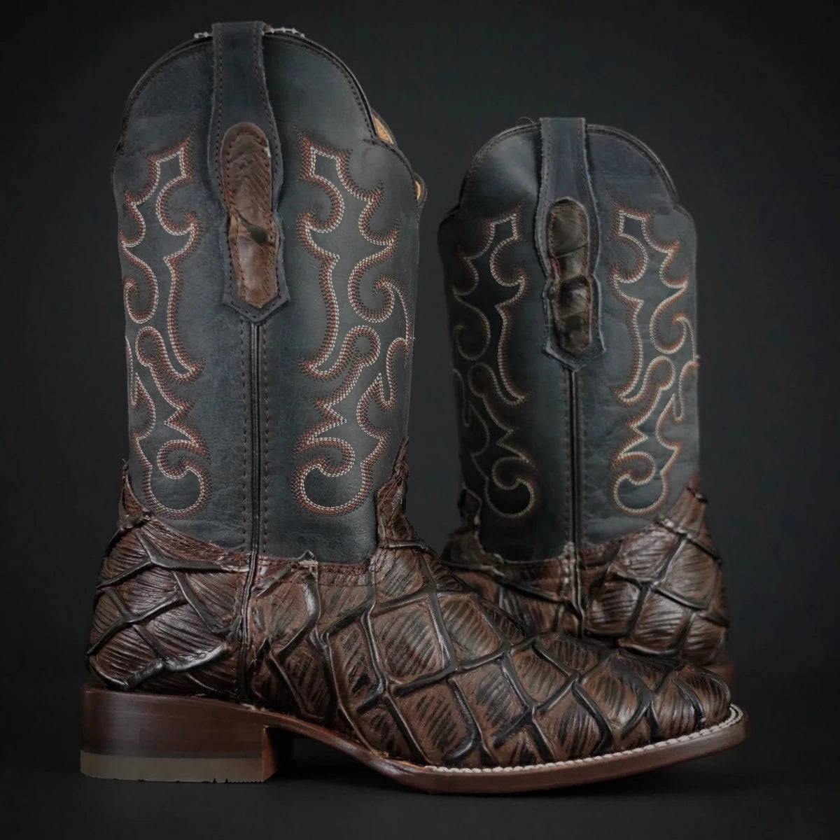 Patron Men’s Cowboy Boots, Fish Scale Print Leather with Stitched Shaft, Square Toe - Brown/Blue - OriginalWestern.com