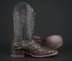 Patron Men’s Cowboy Boots, Fish Scale Print Leather with Stitched Shaft, Square Toe - Brown/Blue - OriginalWestern.com