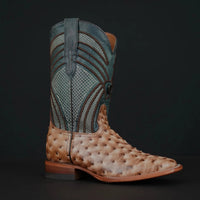 Patron Men’s Cowboy Boots, Ostrich Print Leather with Ribbed Shaft, Square Toe - Tan/Teal - OriginalWestern.com