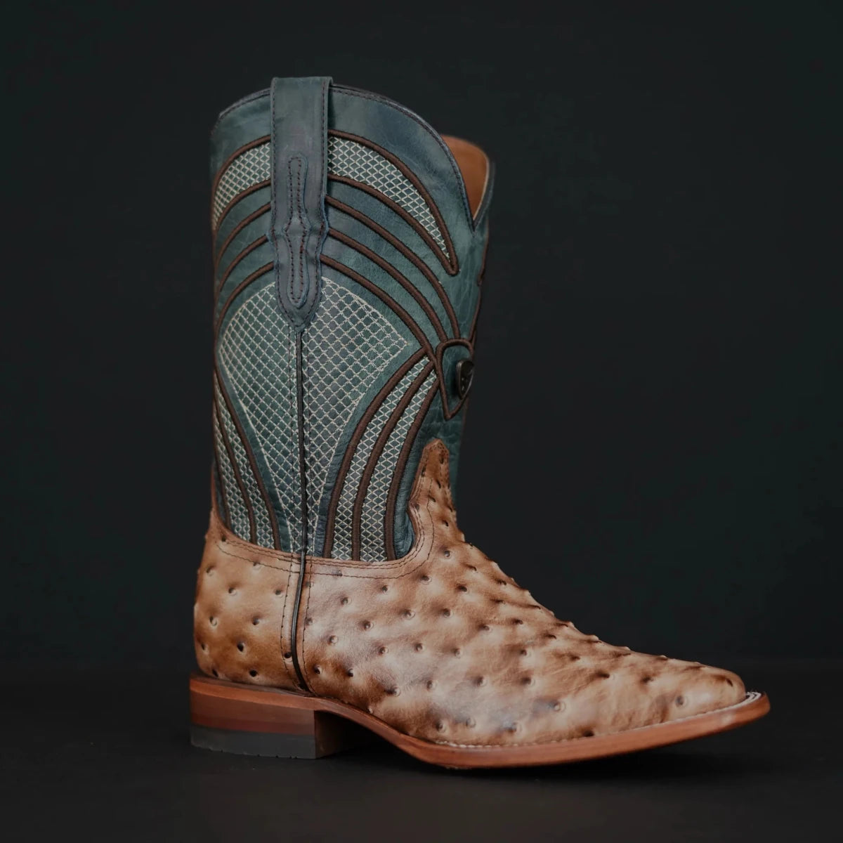 Patron Men’s Cowboy Boots, Ostrich Print Leather with Ribbed Shaft, Square Toe - Tan/Teal - OriginalWestern.com