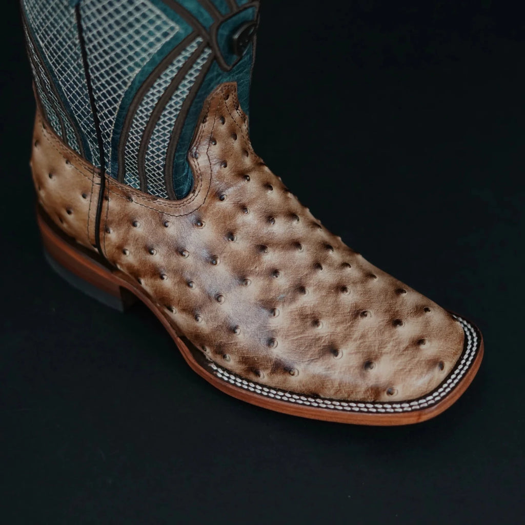 Patron Men’s Cowboy Boots, Ostrich Print Leather with Ribbed Shaft, Square Toe - Tan/Teal - OriginalWestern.com