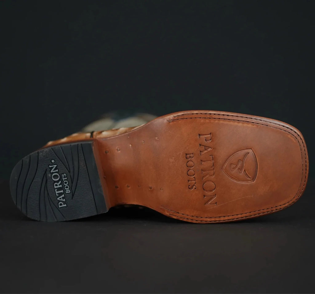 Patron Men’s Cowboy Boots, Ostrich Print Leather with Ribbed Shaft, Square Toe - Tan/Teal - OriginalWestern.com