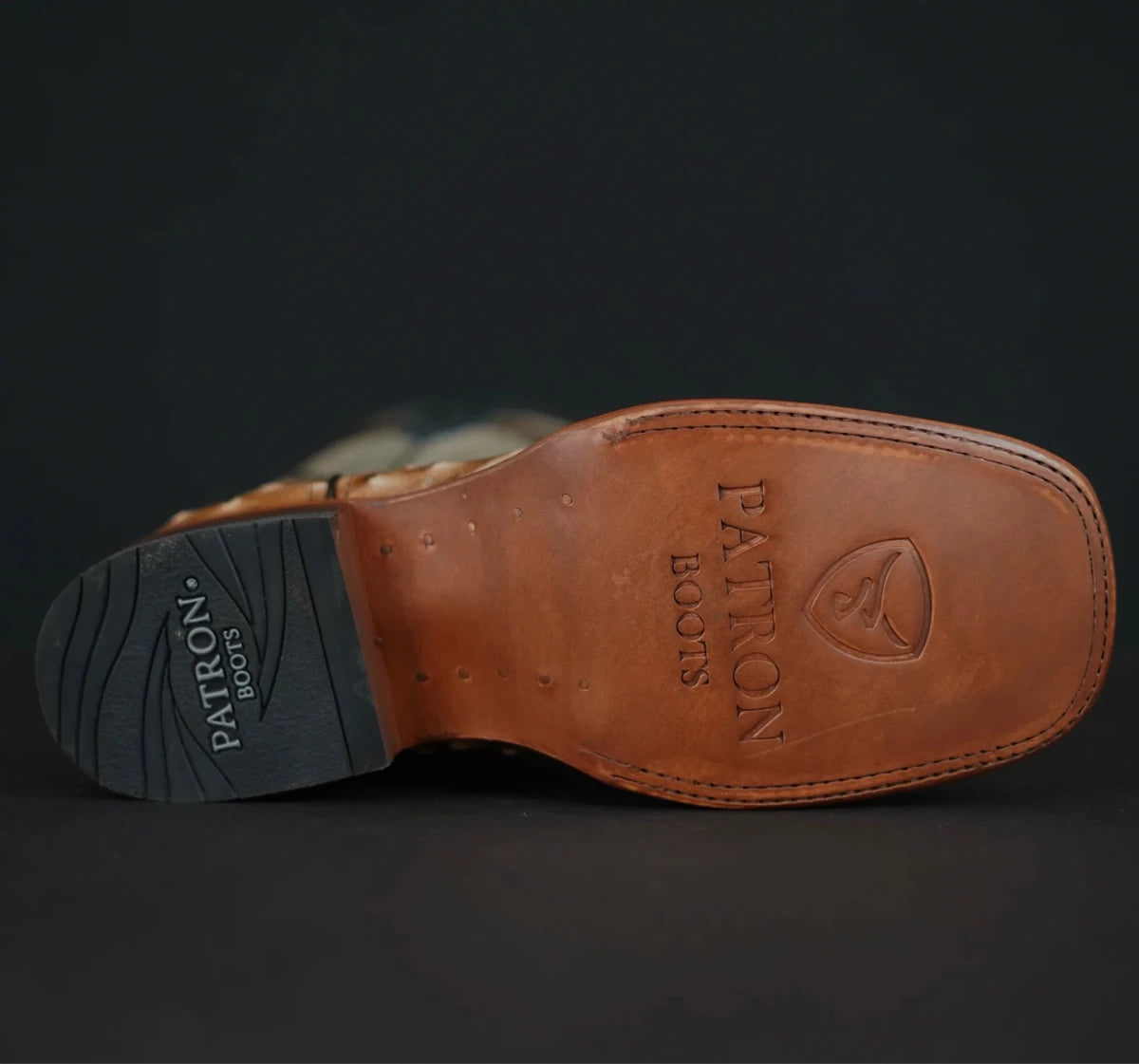 Patron Men’s Cowboy Boots, Ostrich Print Leather with Ribbed Shaft, Square Toe - Tan/Teal - OriginalWestern.com