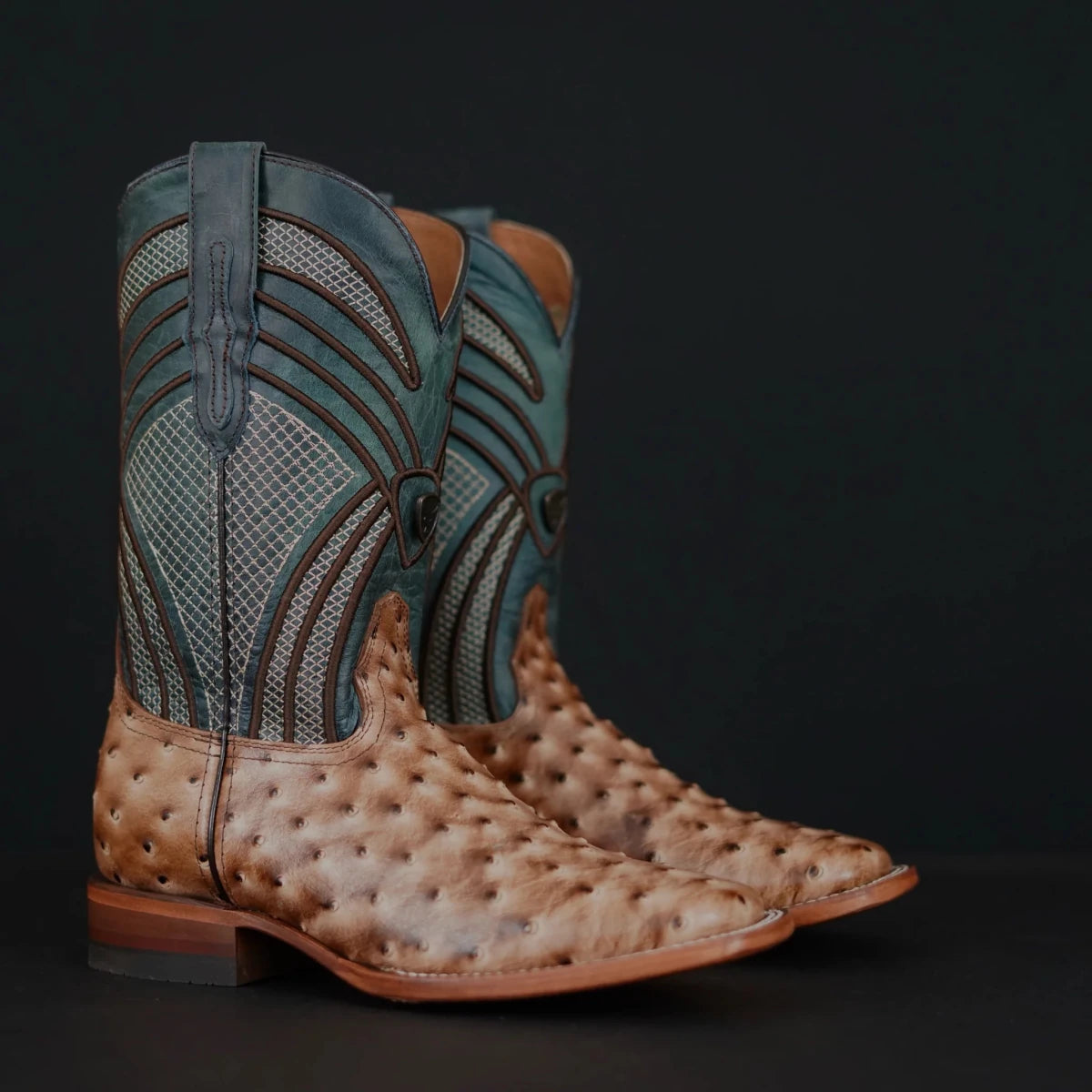 Patron Men’s Cowboy Boots, Ostrich Print Leather with Ribbed Shaft, Square Toe - Tan/Teal - OriginalWestern.com
