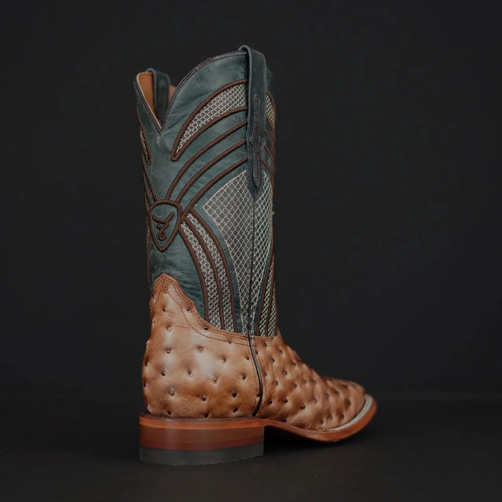 Patron Men’s Cowboy Boots, Ostrich Print Leather with Ribbed Shaft, Square Toe - Tan/Teal - OriginalWestern.com