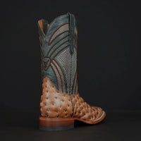 Patron Men’s Cowboy Boots, Ostrich Print Leather with Ribbed Shaft, Square Toe - Tan/Teal - OriginalWestern.com