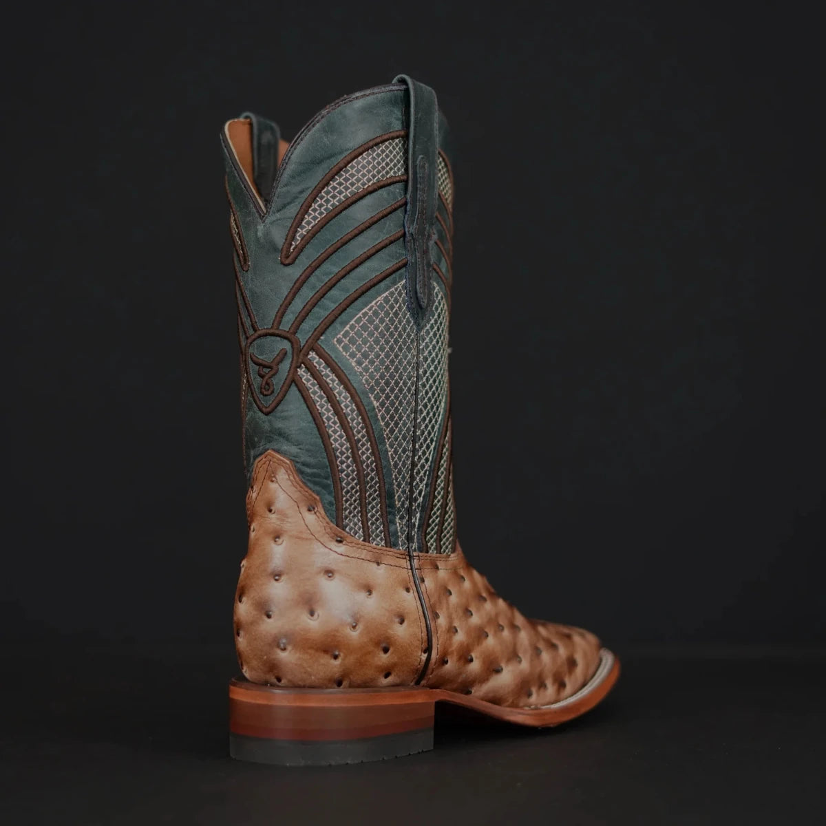 Patron Men’s Cowboy Boots, Ostrich Print Leather with Ribbed Shaft, Square Toe - Tan/Teal - OriginalWestern.com