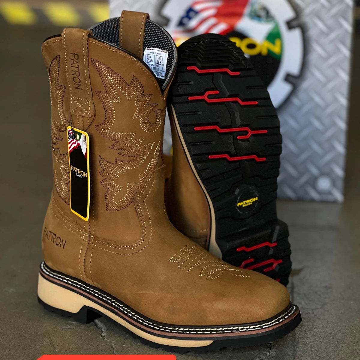 Patron Men’s Cowboy Work Boots, Crazy Horse Leather with Embroidered Shaft, Square Toe - Brown - OriginalWestern.com