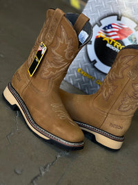 Patron Men’s Cowboy Work Boots, Crazy Horse Leather with Embroidered Shaft, Square Toe - Brown - OriginalWestern.com