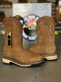 Patron Men’s Cowboy Work Boots, Crazy Horse Leather with Embroidered Shaft, Square Toe - Brown - OriginalWestern.com