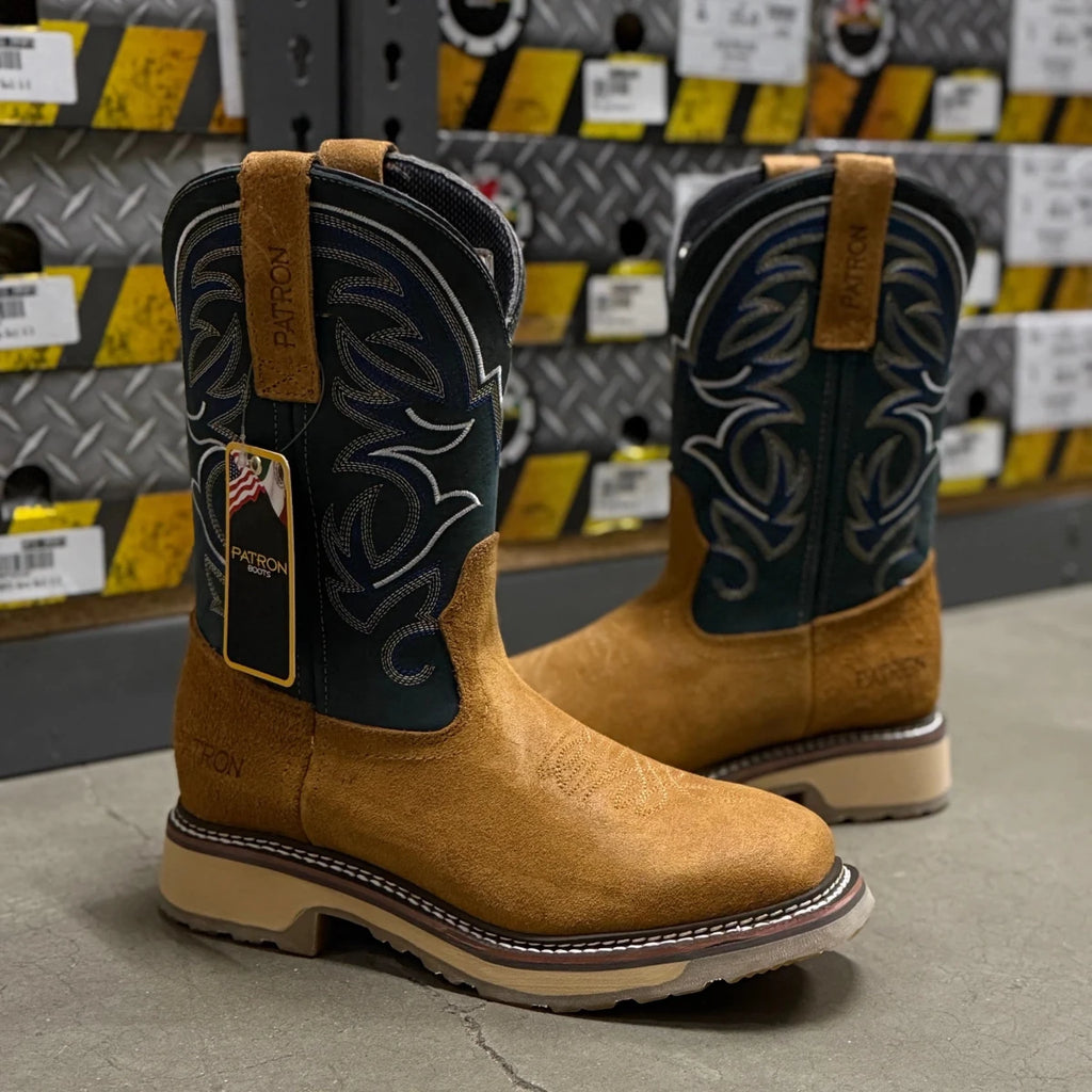 Patron Men’s Cowboy Work Boots, Crazy Horse Leather with Embroidered Shaft, Square Toe - Honey - OriginalWestern.com