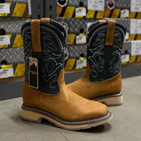 Patron Men’s Cowboy Work Boots, Crazy Horse Leather with Embroidered Shaft, Square Toe - Honey - OriginalWestern.com