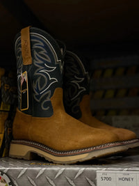 Patron Men’s Cowboy Work Boots, Crazy Horse Leather with Embroidered Shaft, Square Toe - Honey - OriginalWestern.com
