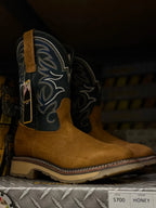 Patron Men’s Cowboy Work Boots, Crazy Horse Leather with Embroidered Shaft, Square Toe - Honey - OriginalWestern.com