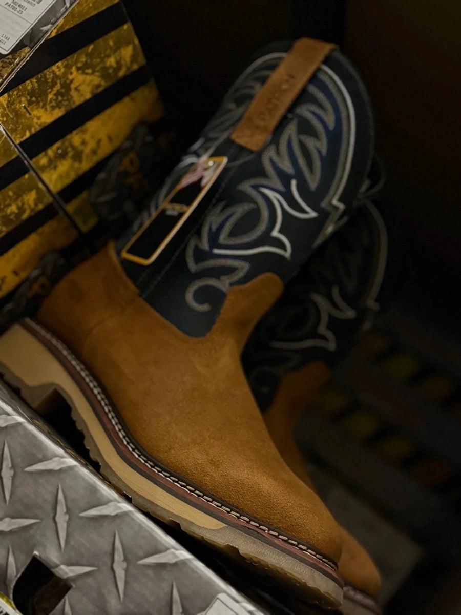 Patron Men’s Cowboy Work Boots, Crazy Horse Leather with Embroidered Shaft, Square Toe - Honey - OriginalWestern.com
