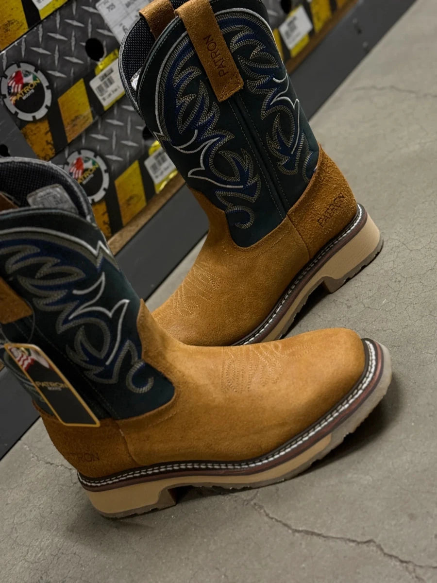 Patron Men’s Cowboy Work Boots, Crazy Horse Leather with Embroidered Shaft, Square Toe - Honey - OriginalWestern.com