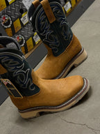 Patron Men’s Cowboy Work Boots, Crazy Horse Leather with Embroidered Shaft, Square Toe - Honey - OriginalWestern.com