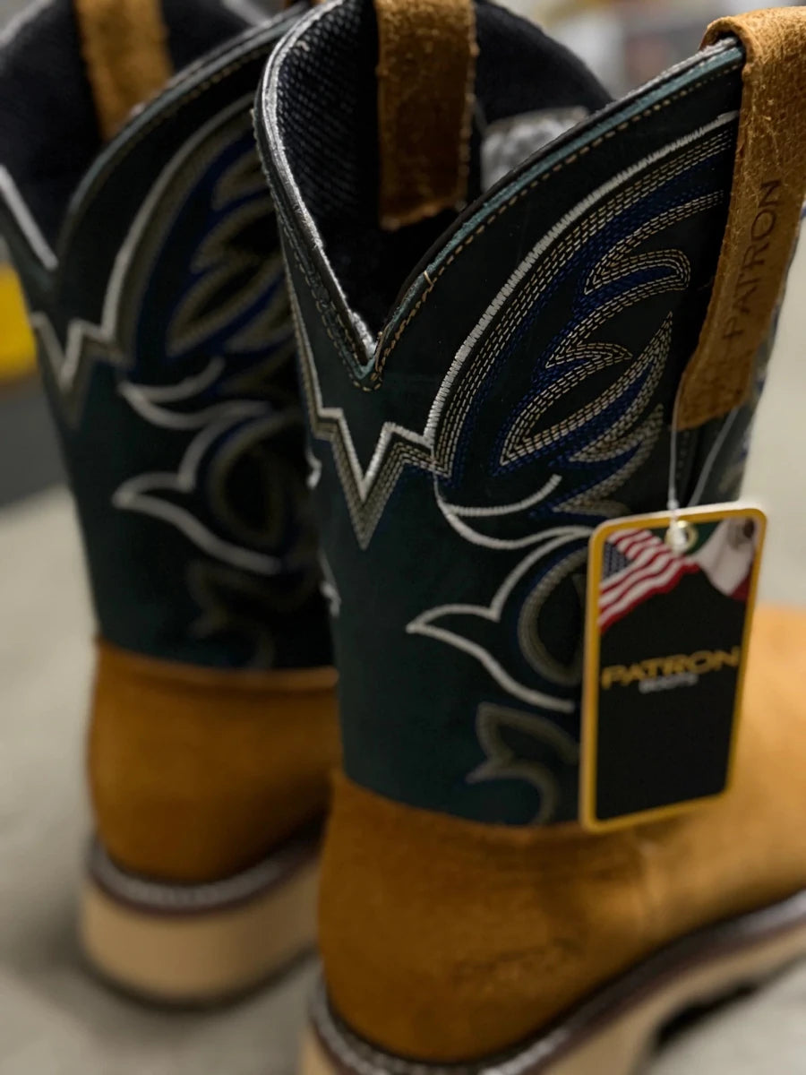 Patron Men’s Cowboy Work Boots, Crazy Horse Leather with Embroidered Shaft, Square Toe - Honey - OriginalWestern.com