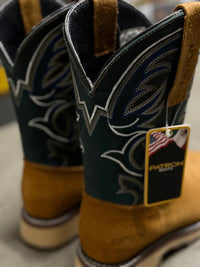Patron Men’s Cowboy Work Boots, Crazy Horse Leather with Embroidered Shaft, Square Toe - Honey - OriginalWestern.com
