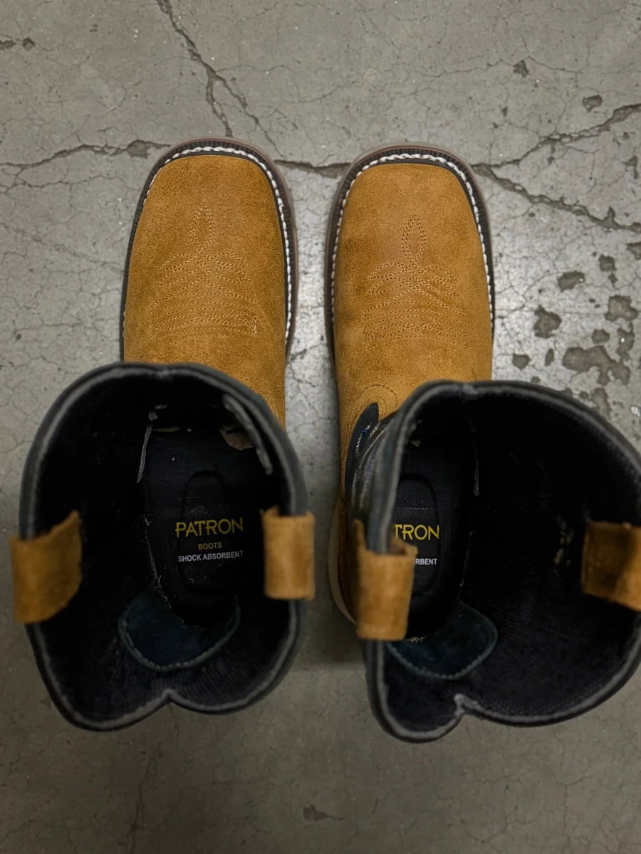 Patron Men’s Cowboy Work Boots, Crazy Horse Leather with Embroidered Shaft, Square Toe - Honey - OriginalWestern.com