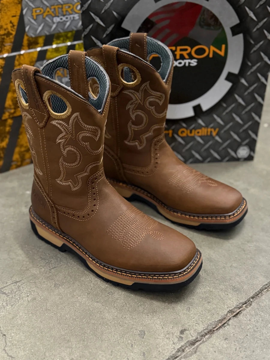 Patron Men’s Cowboy Work Boots, Crazy Horse Leather with Embroidered Shaft, Square Toe - Tan - OriginalWestern.com