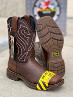 Patron Men’s Cowboy Work Boots, Crazy Horse Leather with Steel Toe and Embroidered Shaft, Square Steel Toe - Brown - OriginalWestern.com